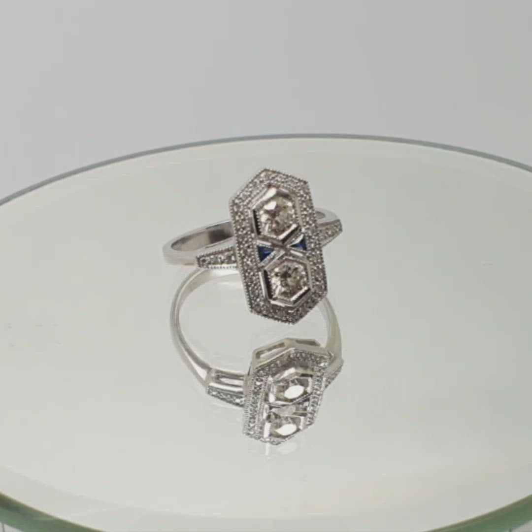 Jordans Jewellers 18ct white gold Art Deco style sapphire and diamond hexagon cluster ring- Alternate shot 1 - Alternate shot 2 - Video 1