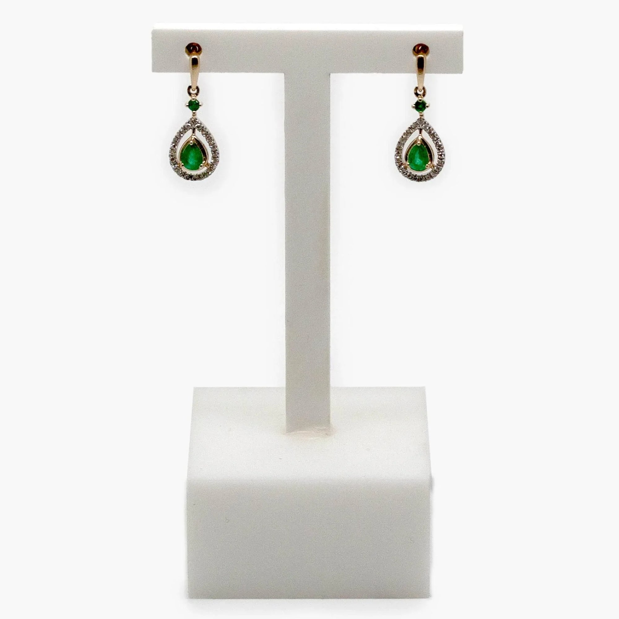 9 Carat Gold Pear Shaped Emerald & Diamond Drop Earrings - Jordans Jewellers
