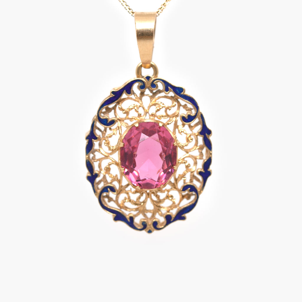 Antique Blue Enamel & Pink Paste Openwork Pendant Necklace
