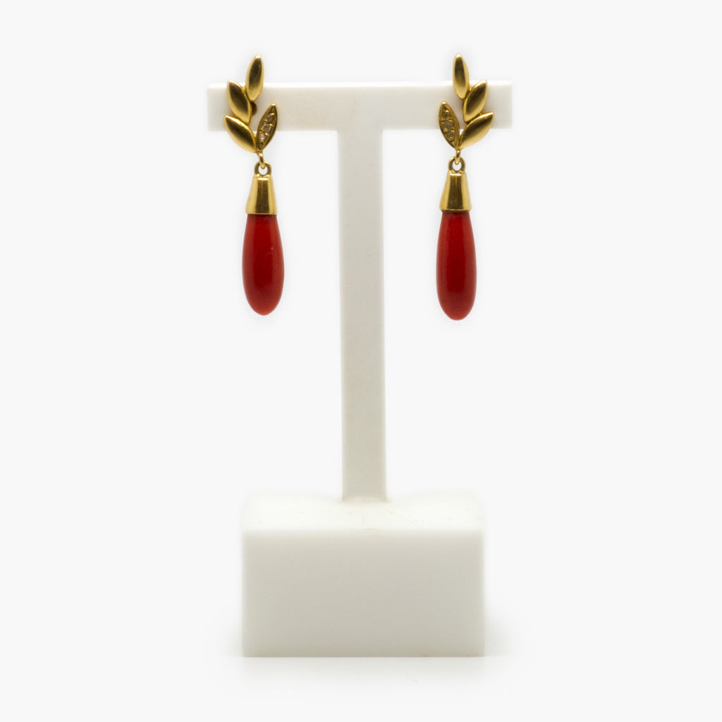 Jordans Jewellers 18ct yellow gold antique coral and diamond drop earrings on 9ct yellow gold butterflies