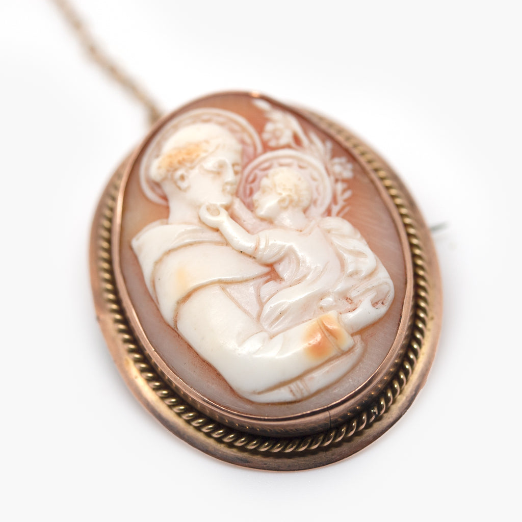 Antique St Anthony of Padua & Infant Jesus Christ Shell Cameo Brooch