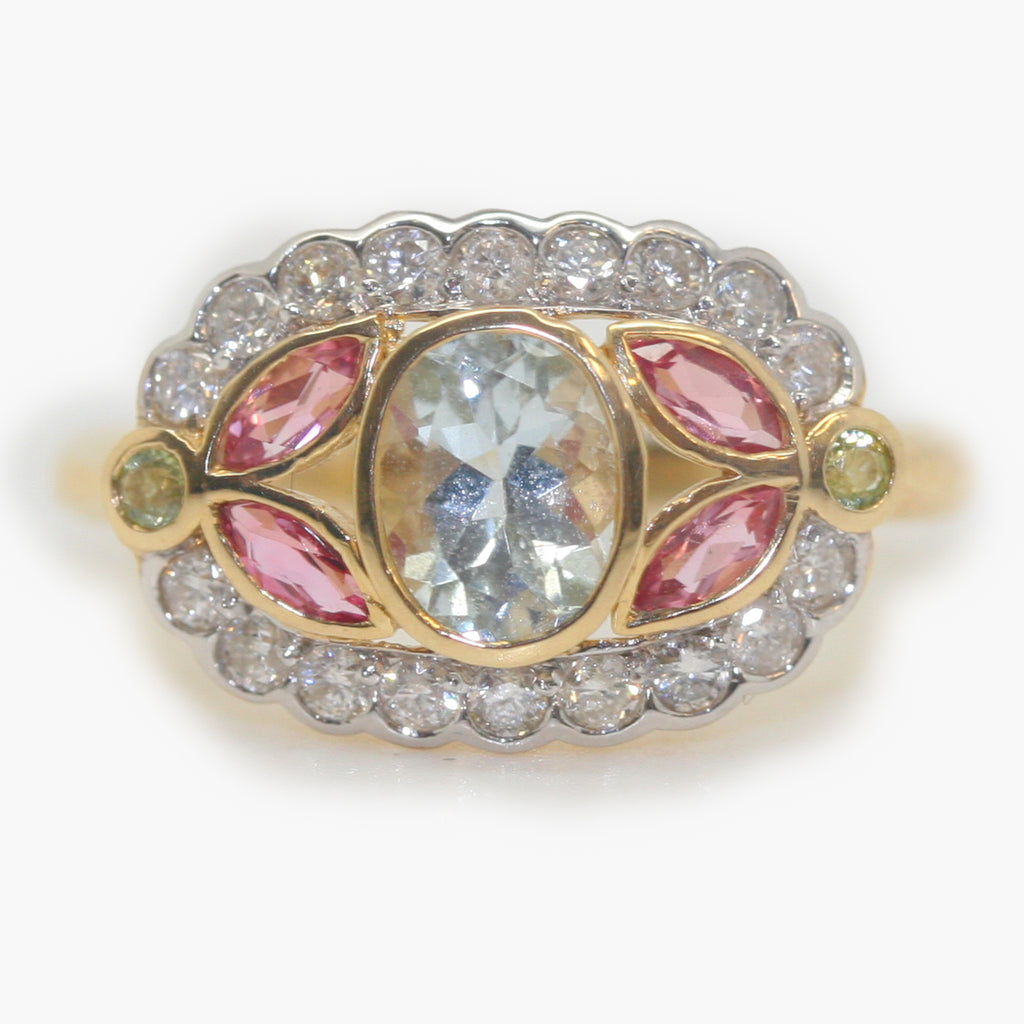 Aquamarine, Pink Topaz, Peridot & Diamond Art Deco Style Ring