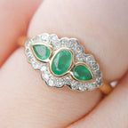Art Deco Style Three Stone Emerald and Diamond Halo Ring - Jordans Jewellers