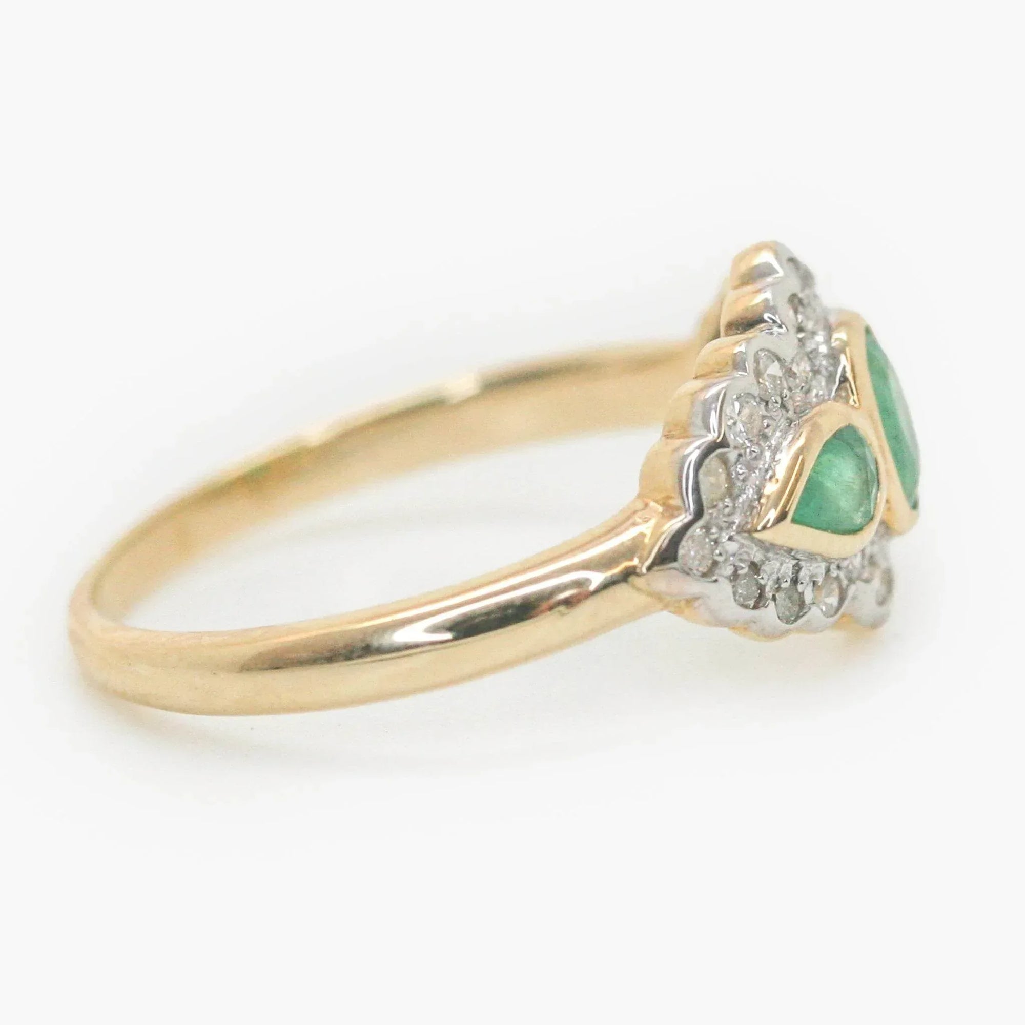 Art Deco Style Three Stone Emerald and Diamond Halo Ring - Jordans Jewellers