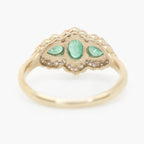 Art Deco Style Three Stone Emerald and Diamond Halo Ring - Jordans Jewellers