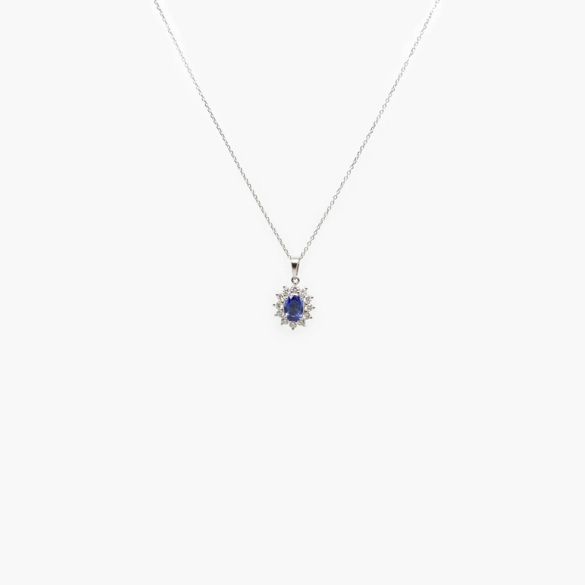 Blue Sapphire & Diamond Cluster Pendant Necklace - Jordans Jewellers