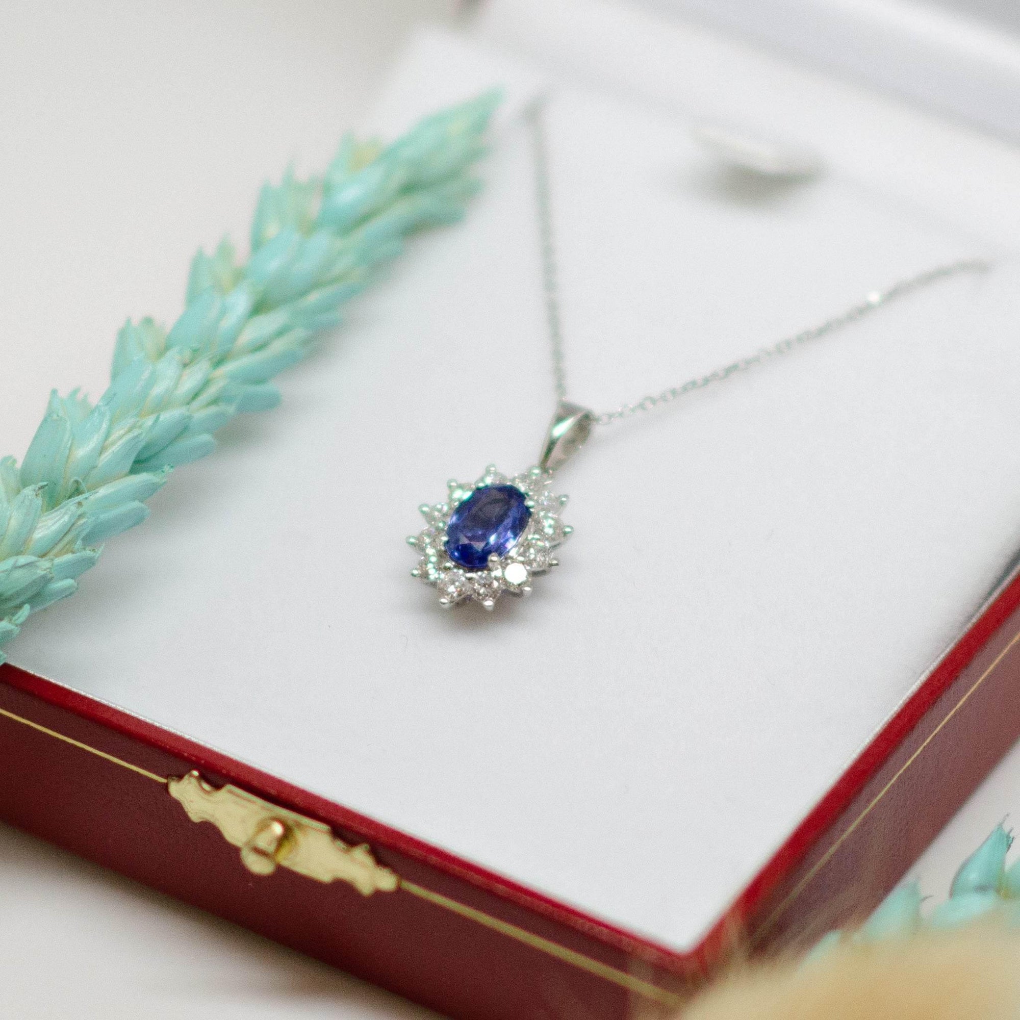 Blue Sapphire & Diamond Cluster Pendant Necklace - Jordans Jewellers