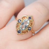 Blue Topaz & Sapphire Filigree Art Deco Style Ring - on hand