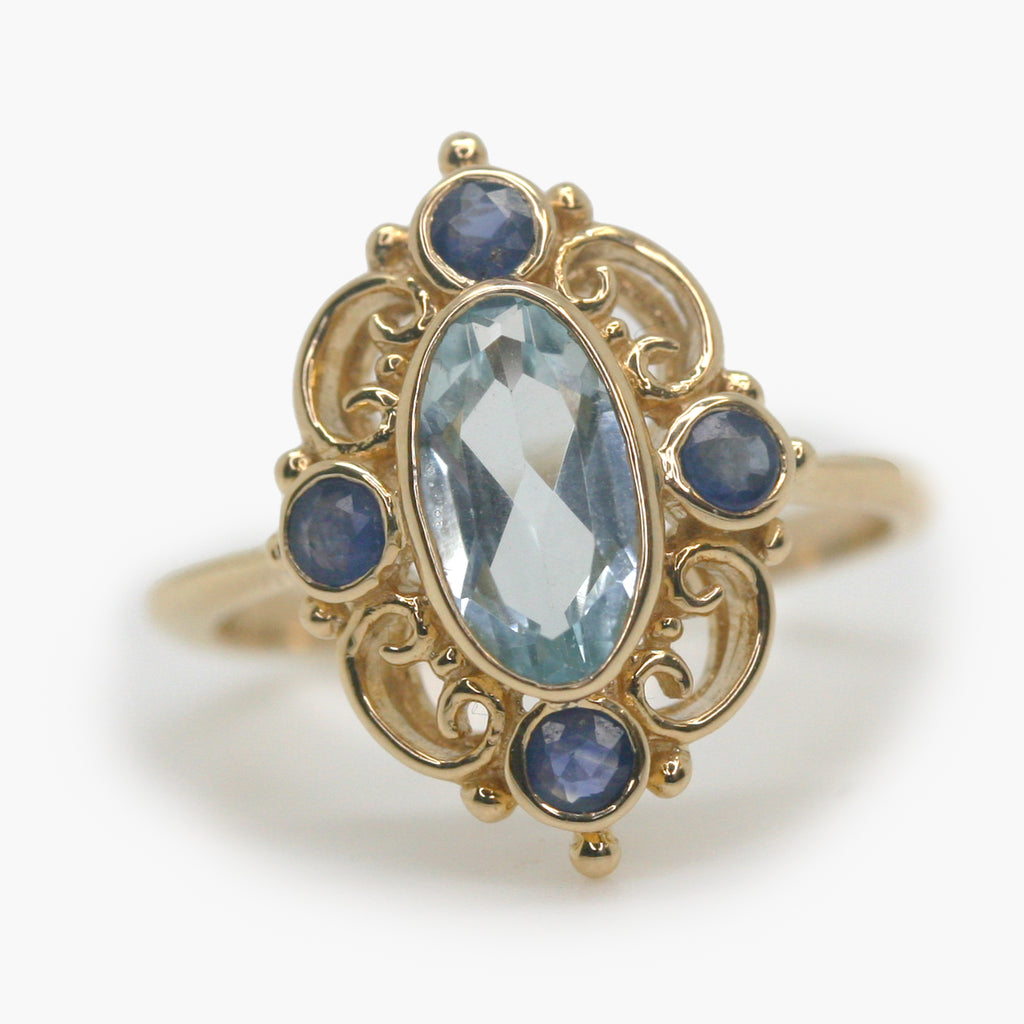 Blue Topaz & Sapphire Filigree Art Deco Style Ring - front view