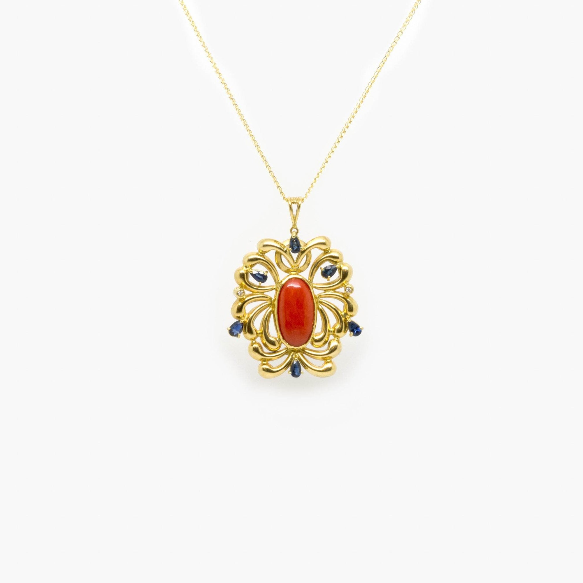 Antique Coral, Sapphire & Brilliant-Cut Pendant Necklace - Jordans Jewellers