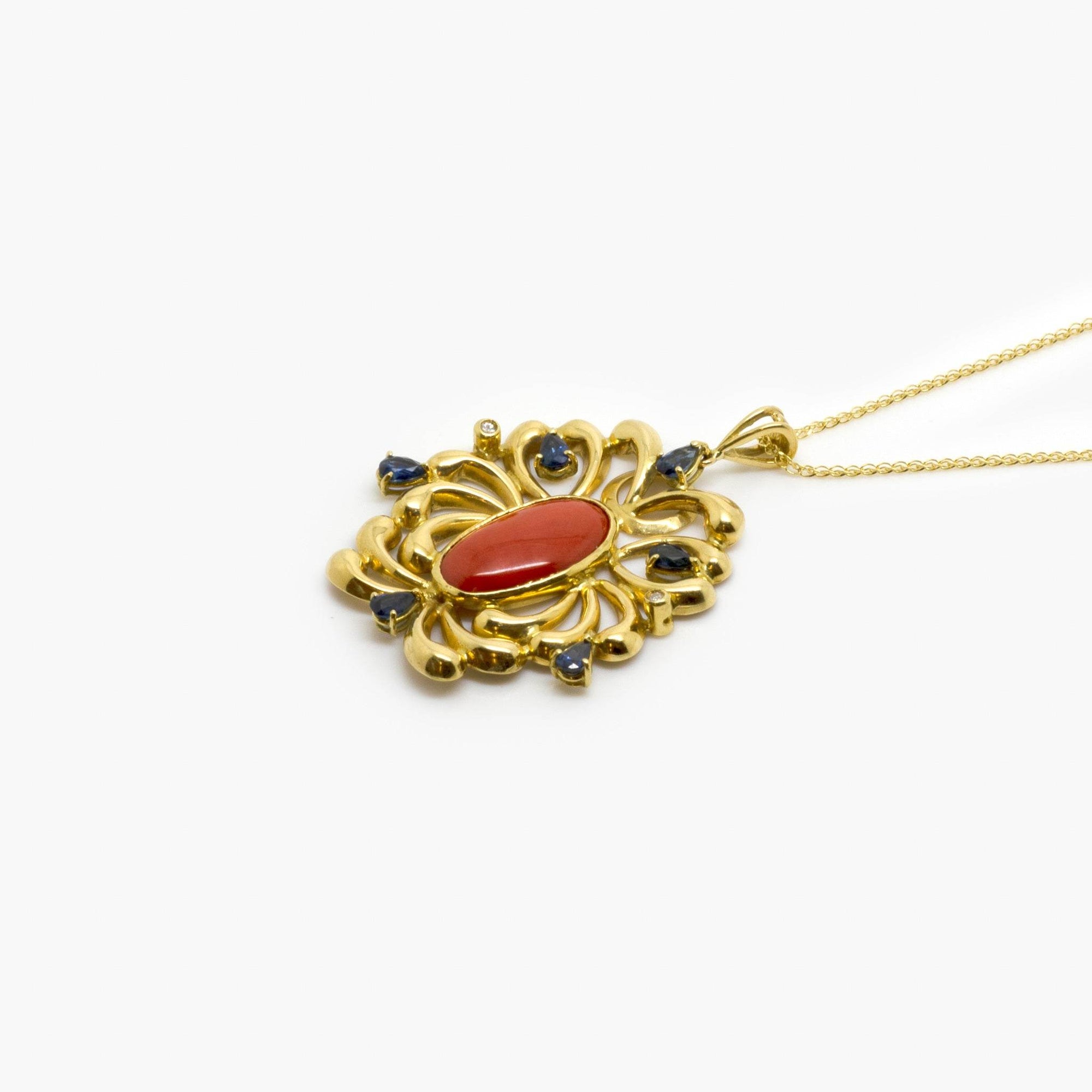 Antique Coral, Sapphire & Brilliant-Cut Pendant Necklace - Jordans Jewellers