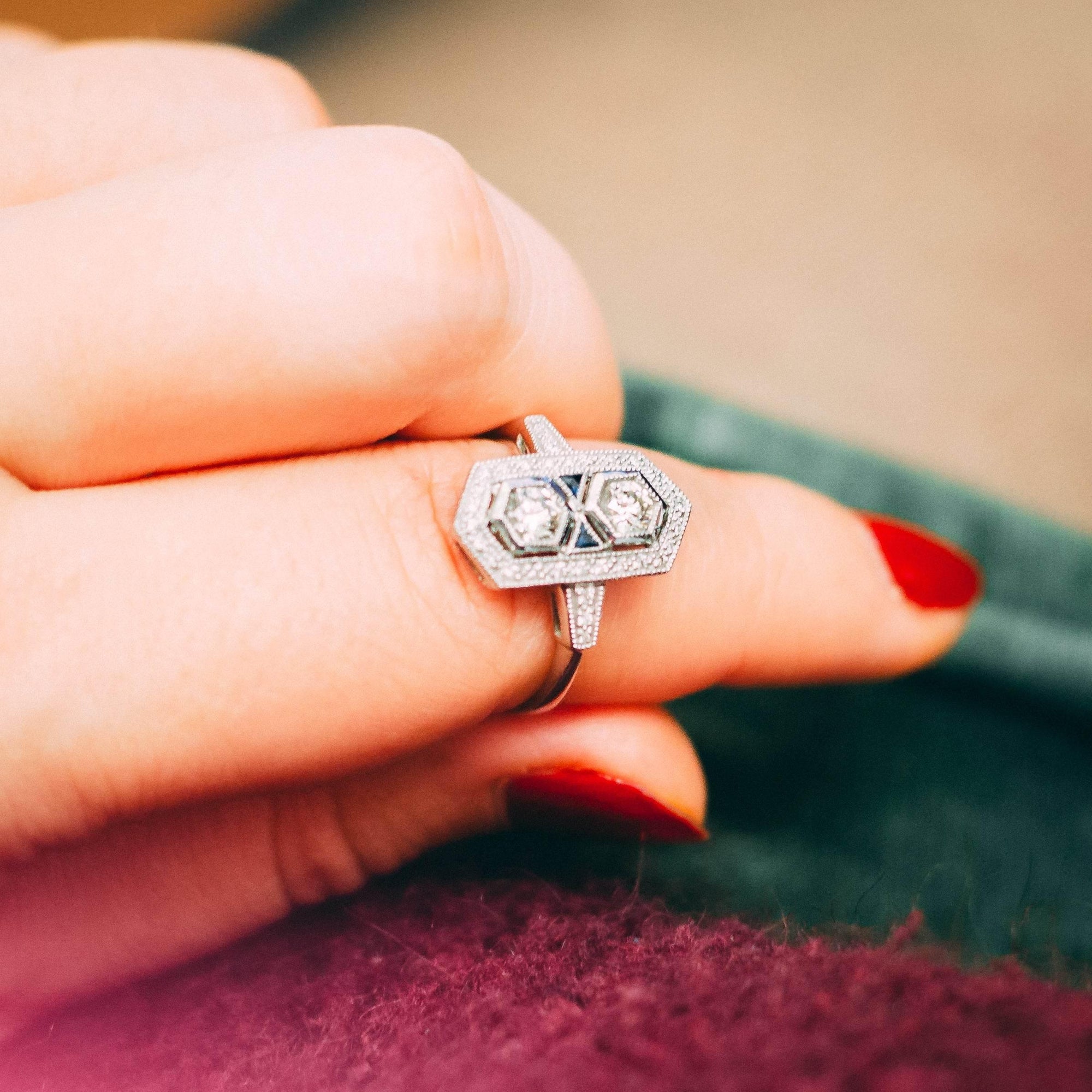 Art Deco Style Sapphire & Diamond Hexagon Cluster Ring - Jordans Jewellers