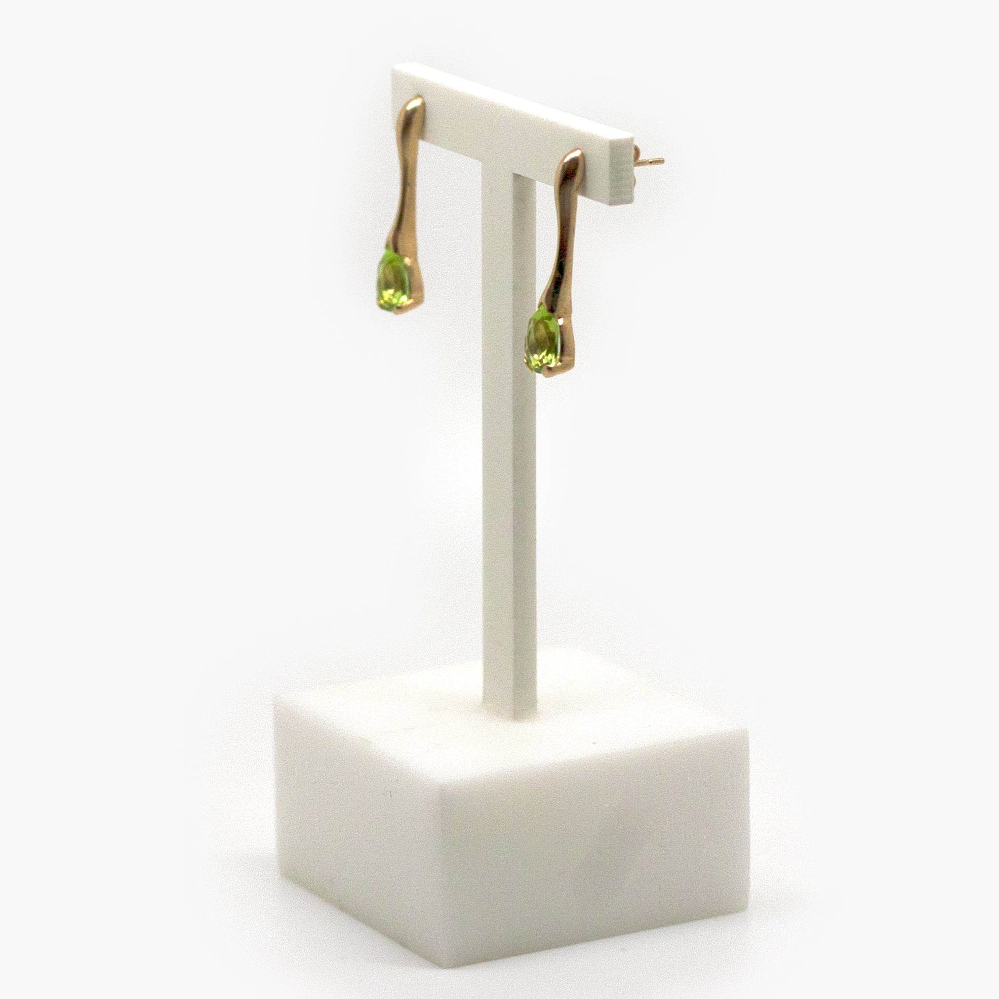 Long 9 Carat Gold & Pear Shaped Checkerboard Cut Peridot Drop Earrings - Jordans Jewellers