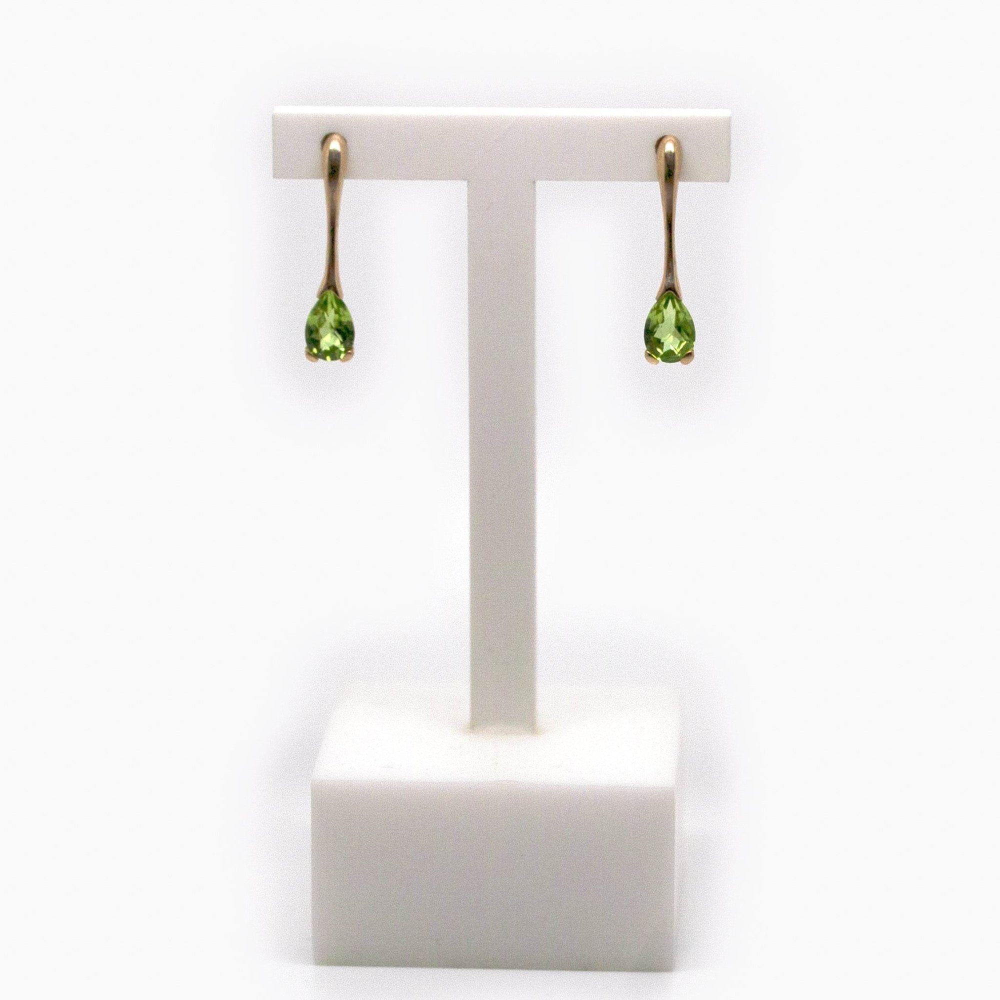 Long 9 Carat Gold & Pear Shaped Checkerboard Cut Peridot Drop Earrings - Jordans Jewellers