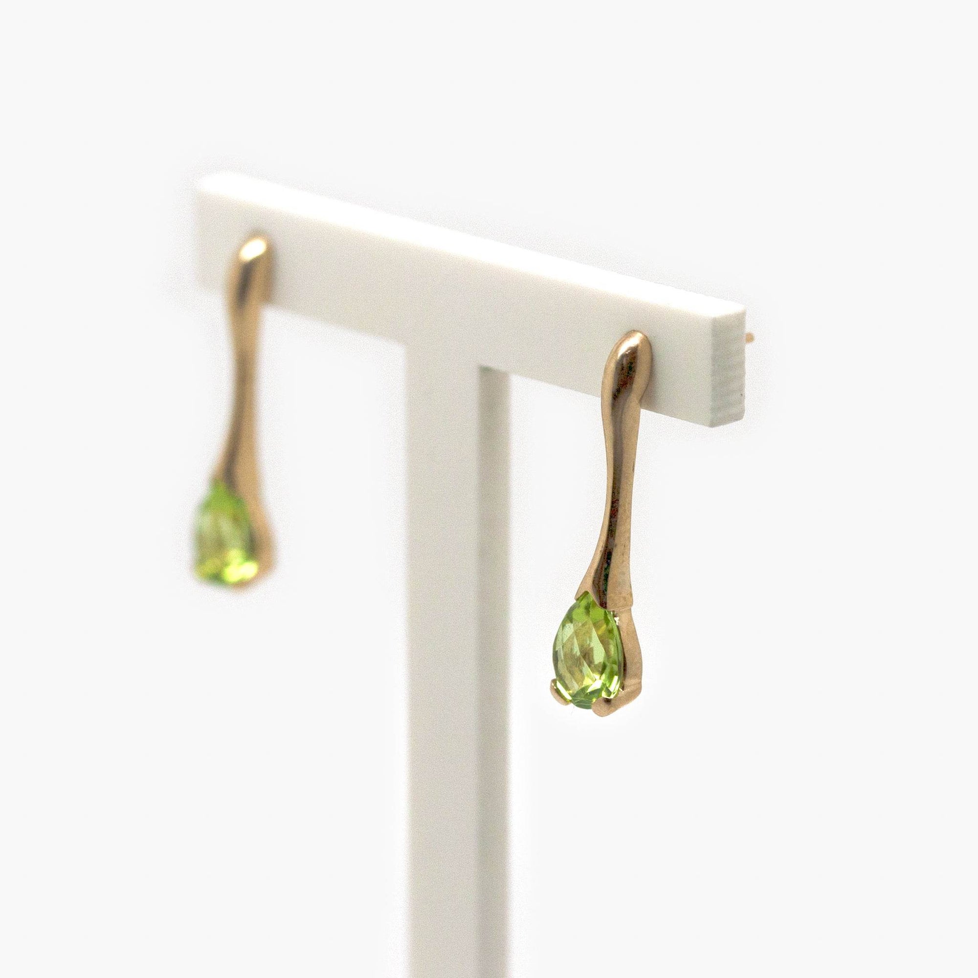 Long 9 Carat Gold & Pear Shaped Checkerboard Cut Peridot Drop Earrings - Jordans Jewellers