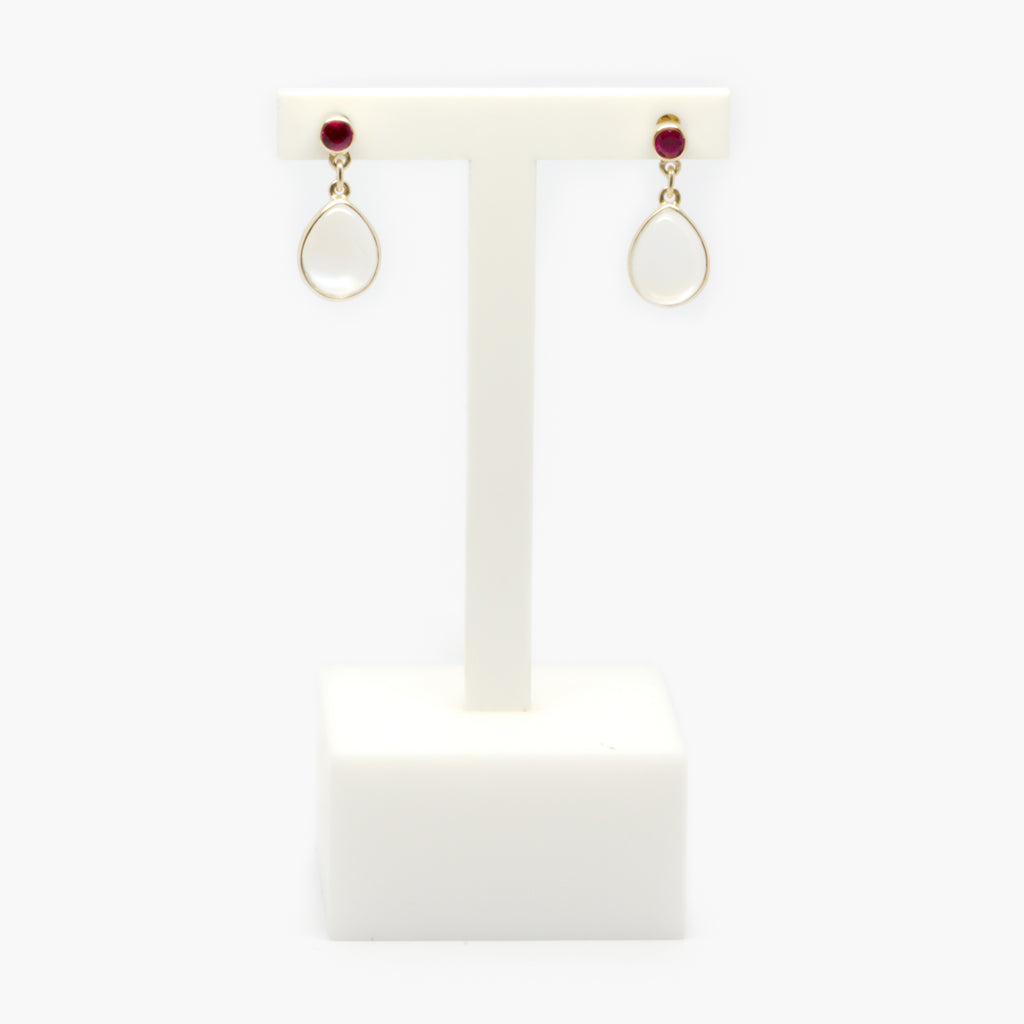 Jordans Jewellers 9ct yellow gold ruby and moonstone drop earrings
