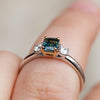 Octagon Teal Sapphire & Diamond Three Stone Ring