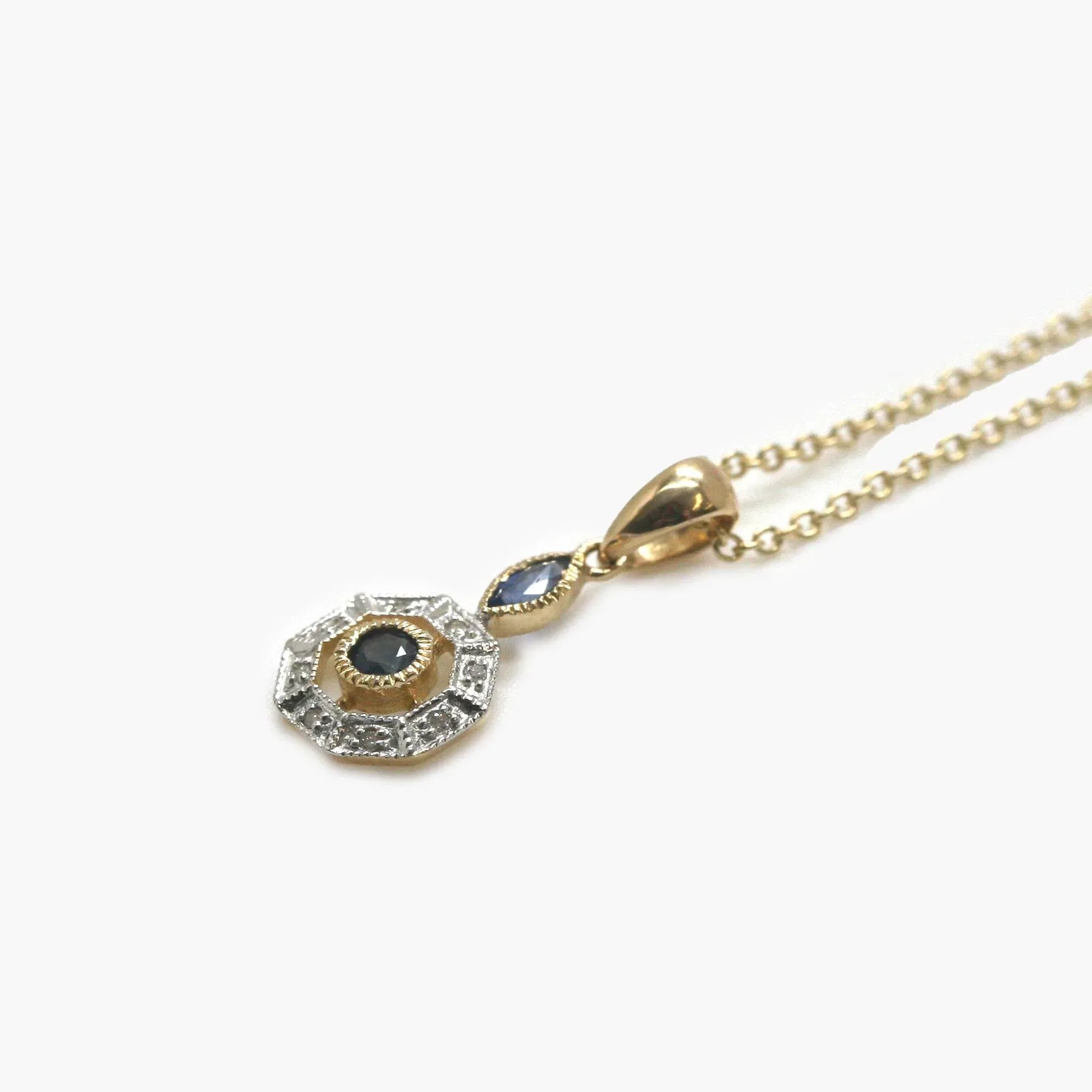 Octogen Blue Sapphire & Diamond Art Deco Style Pendant Necklace - Jordans Jewellers