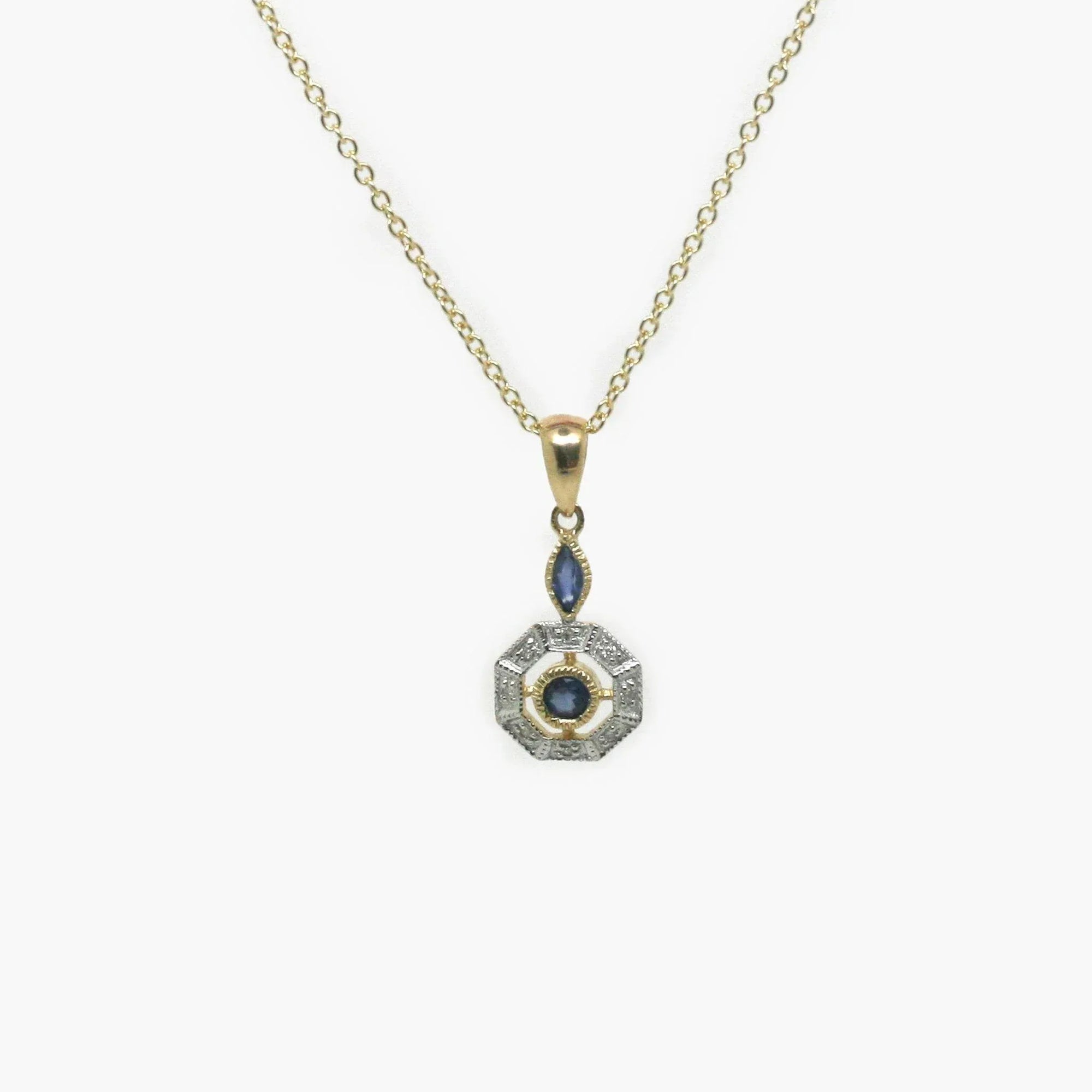 Octogen Blue Sapphire & Diamond Art Deco Style Pendant Necklace - Jordans Jewellers