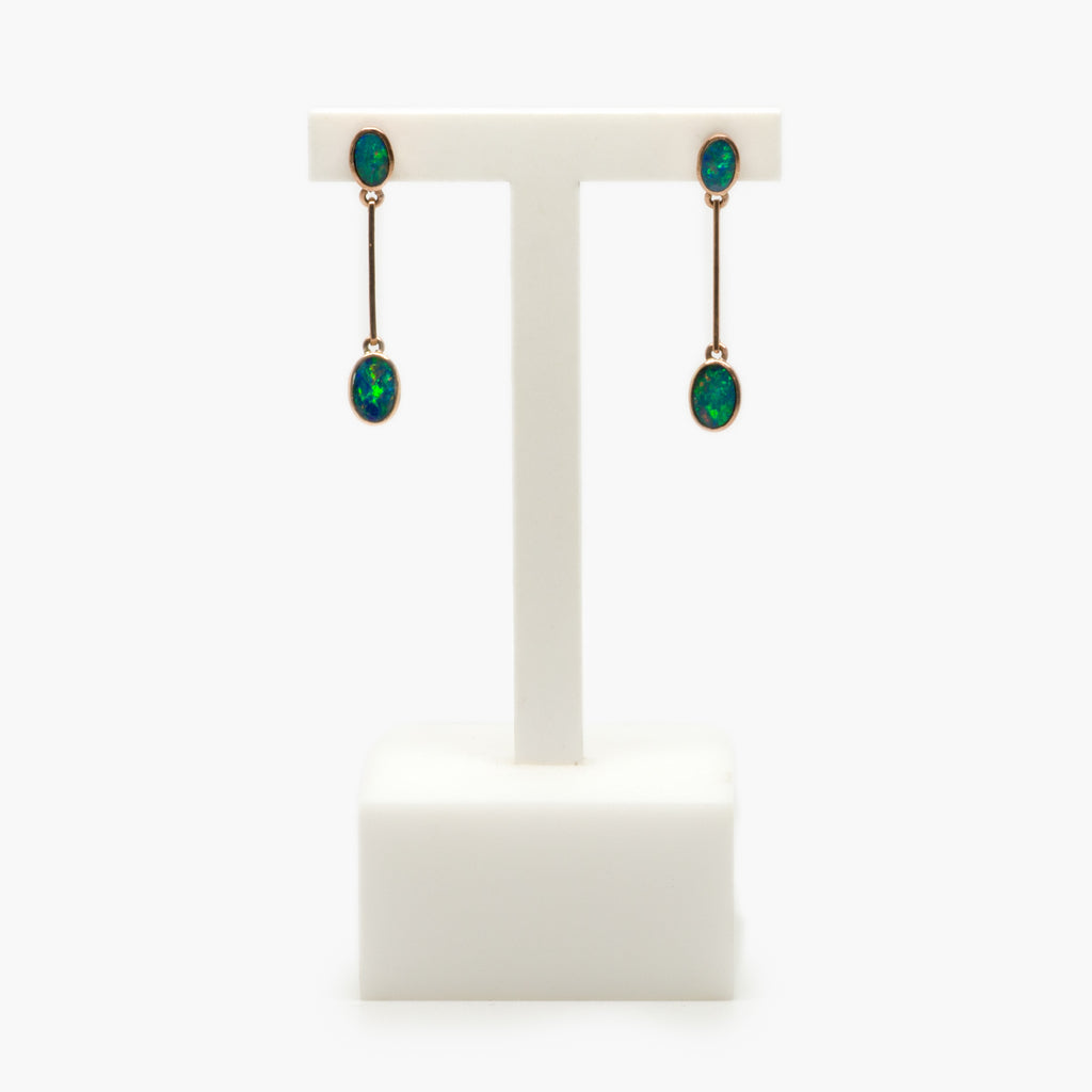 Jordans Jewellers 9ct rose gold opal doublet double bar drop earrings