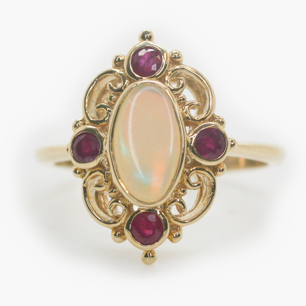 Opal & Ruby Filigree Art Deco Style Ring