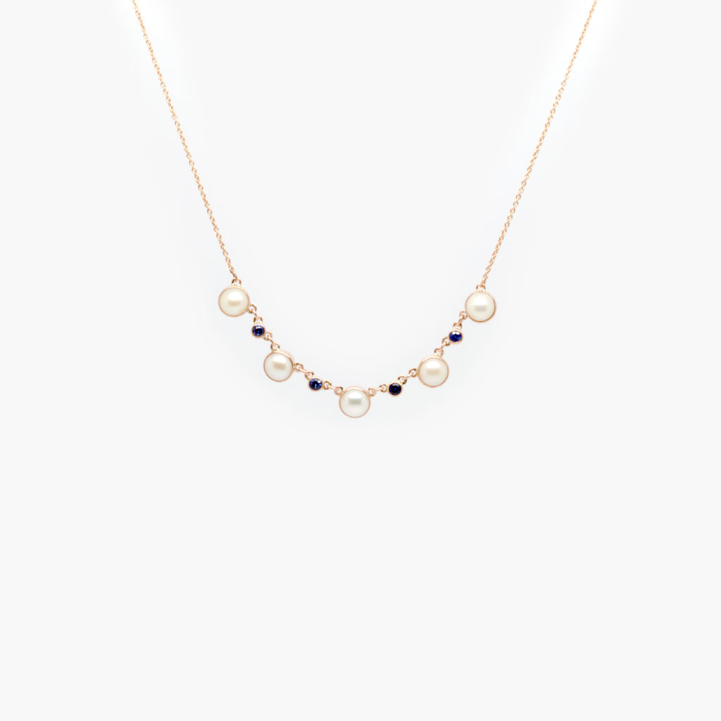 Jordans Jewellers 9ct rose gold pearl and sapphire necklace