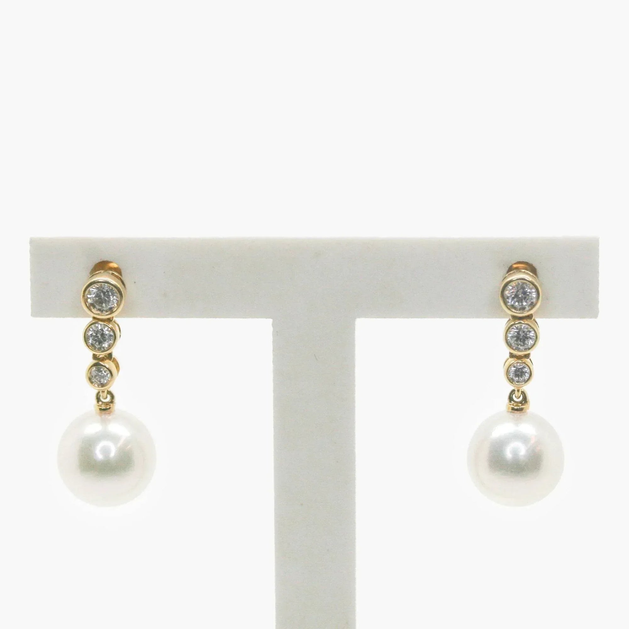Pearl & Three Diamond Graduated Drop Earrings - Jordans Jewellers