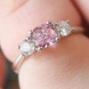 Pink Spinel & Diamond Trilogy Ring - close up on hand