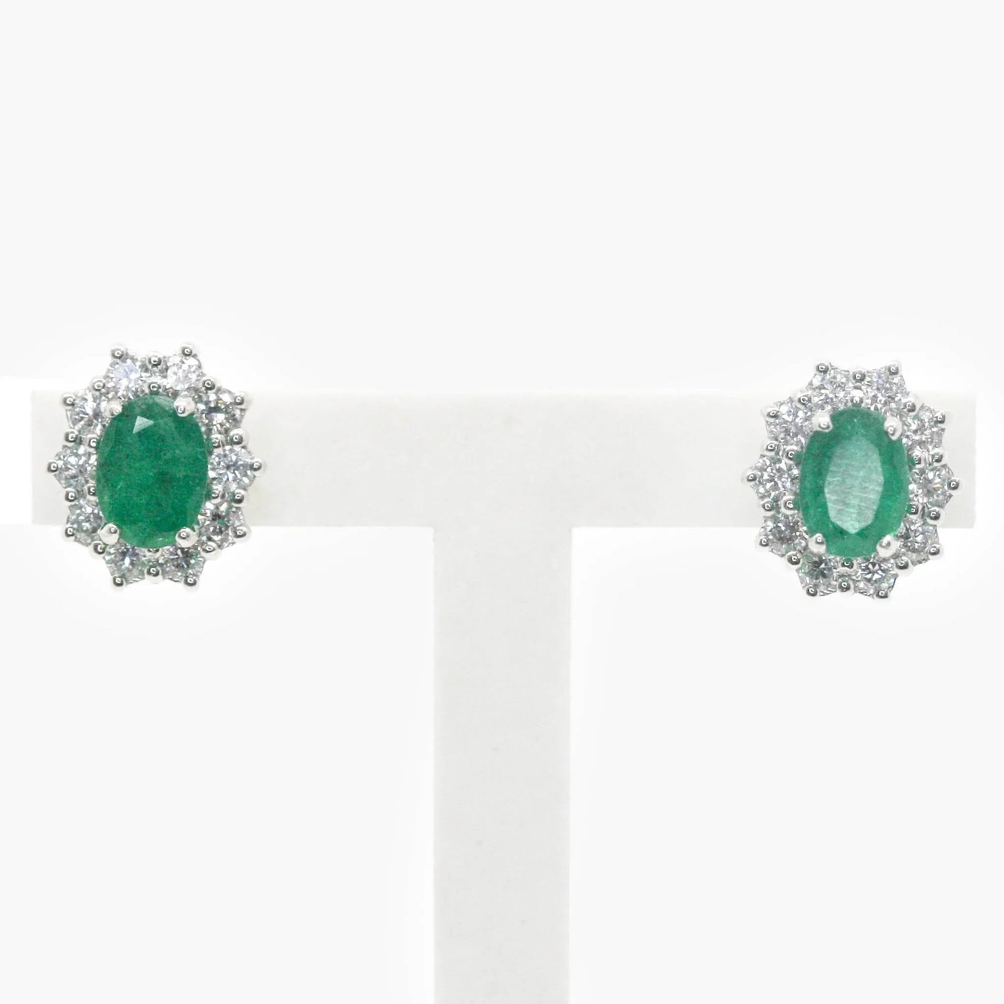 Pre-Owned Emerald & Diamond 18ct White Gold Cluster Studs - Jordans Jewellers