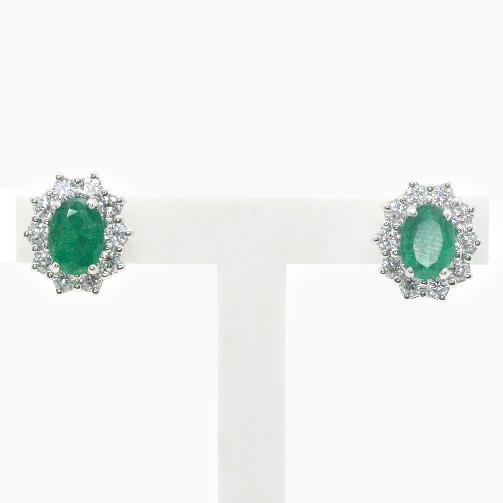 Pre-Owned Emerald & Diamond 18ct White Gold Cluster Studs