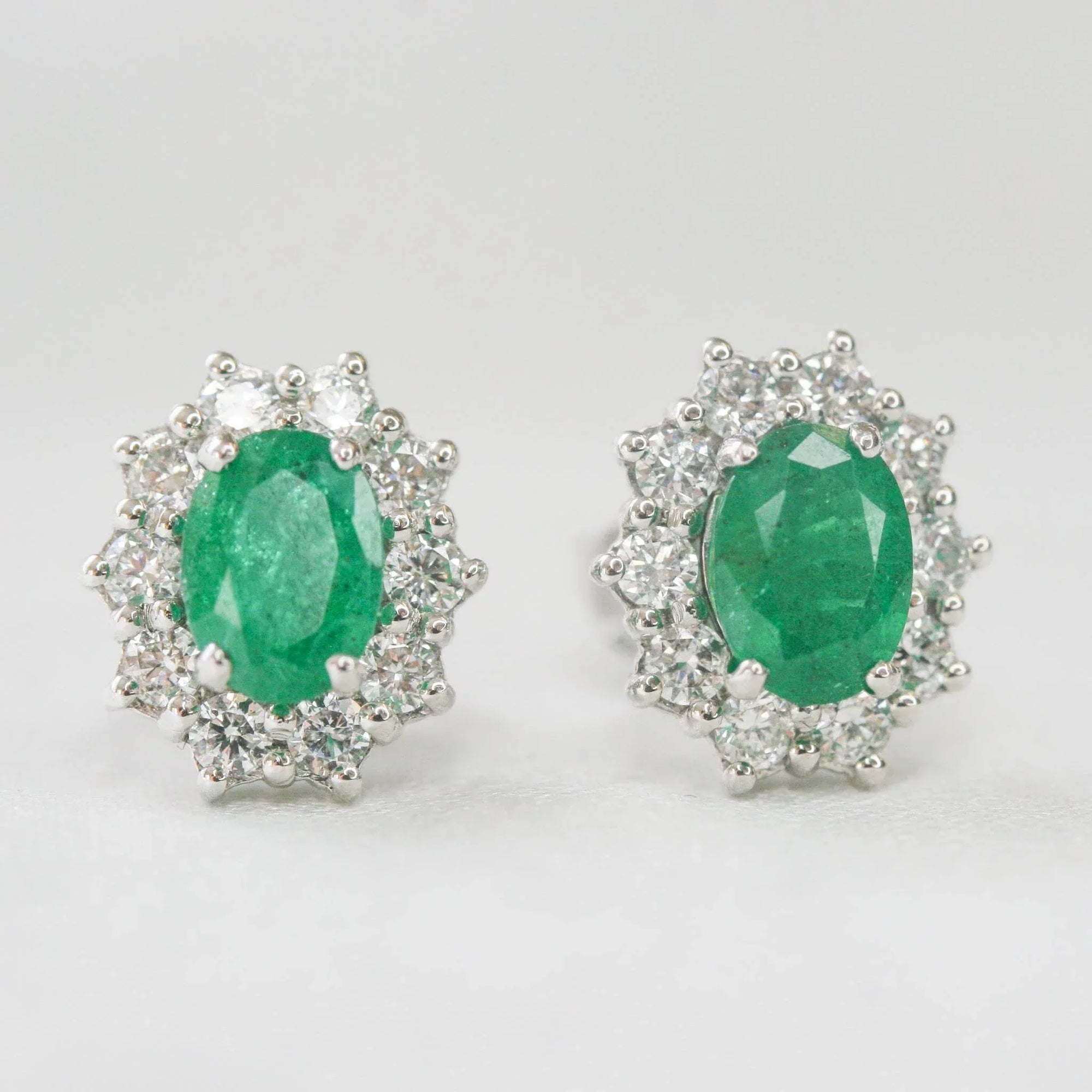 Pre-Owned Emerald & Diamond 18ct White Gold Cluster Studs - Jordans Jewellers