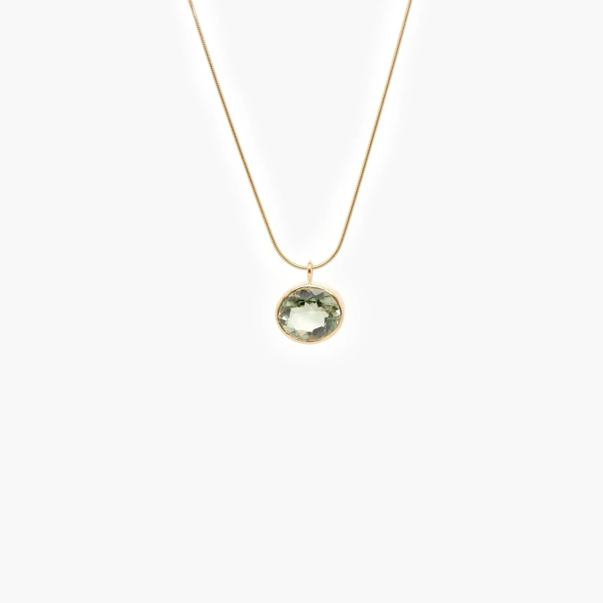 Rolled Gold Oval Green Amethyst Pendant Necklace - Jordans Jewellers