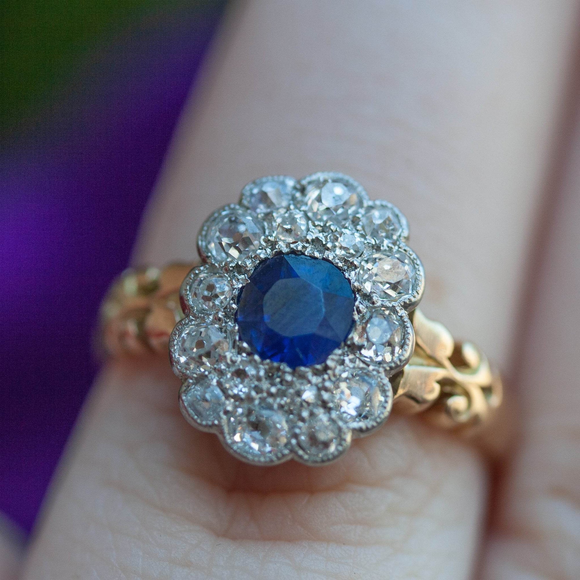 Antique 18 Carat Gold Sapphire and Diamond Cluster Ring - Jordans Jewellers