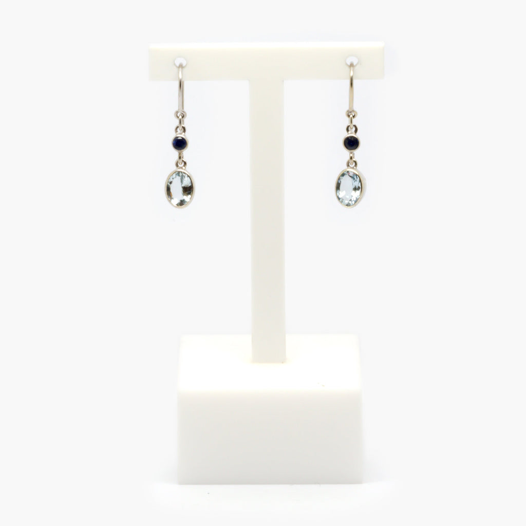 Jordans Jewellers 9ct white gold sapphire and aquamarine drop earrings