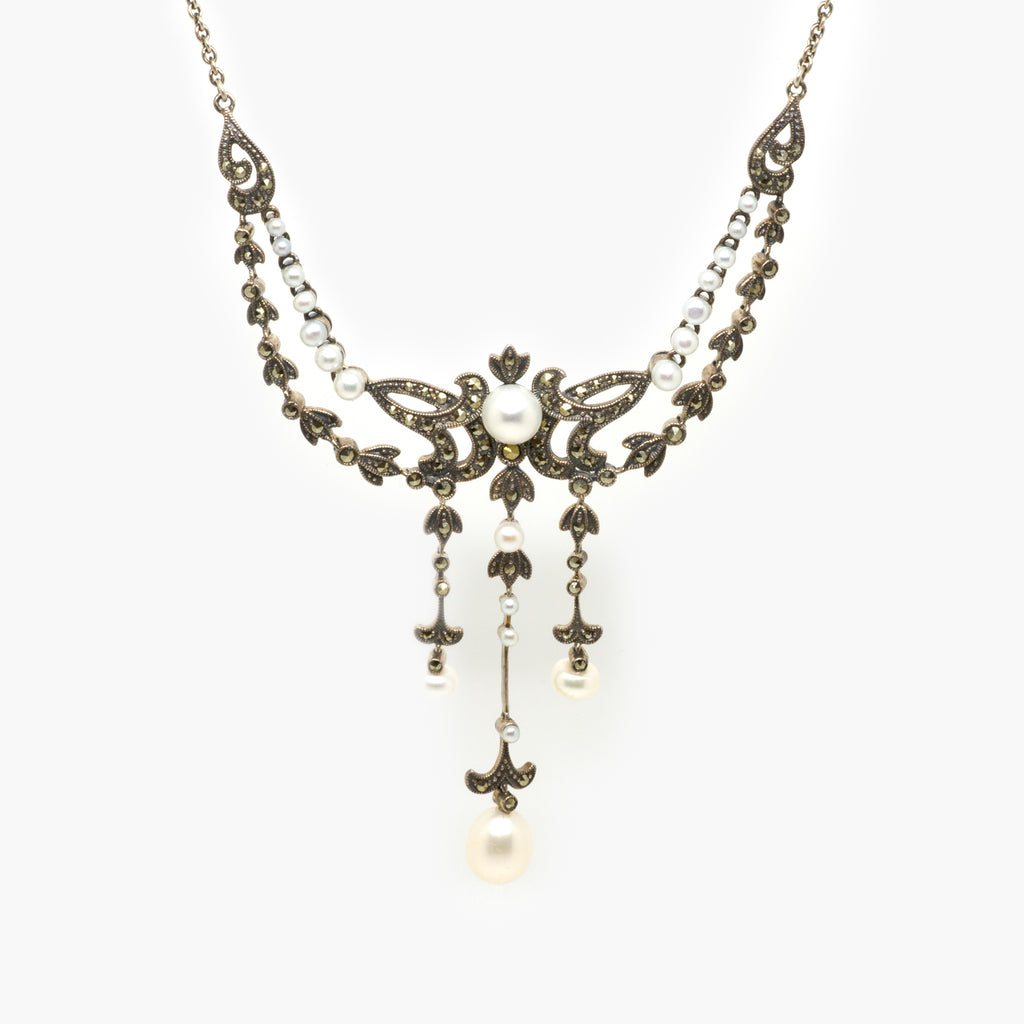Jordans Jewellers silver, marcasite and freshwater pearl vintage style triple drop necklace