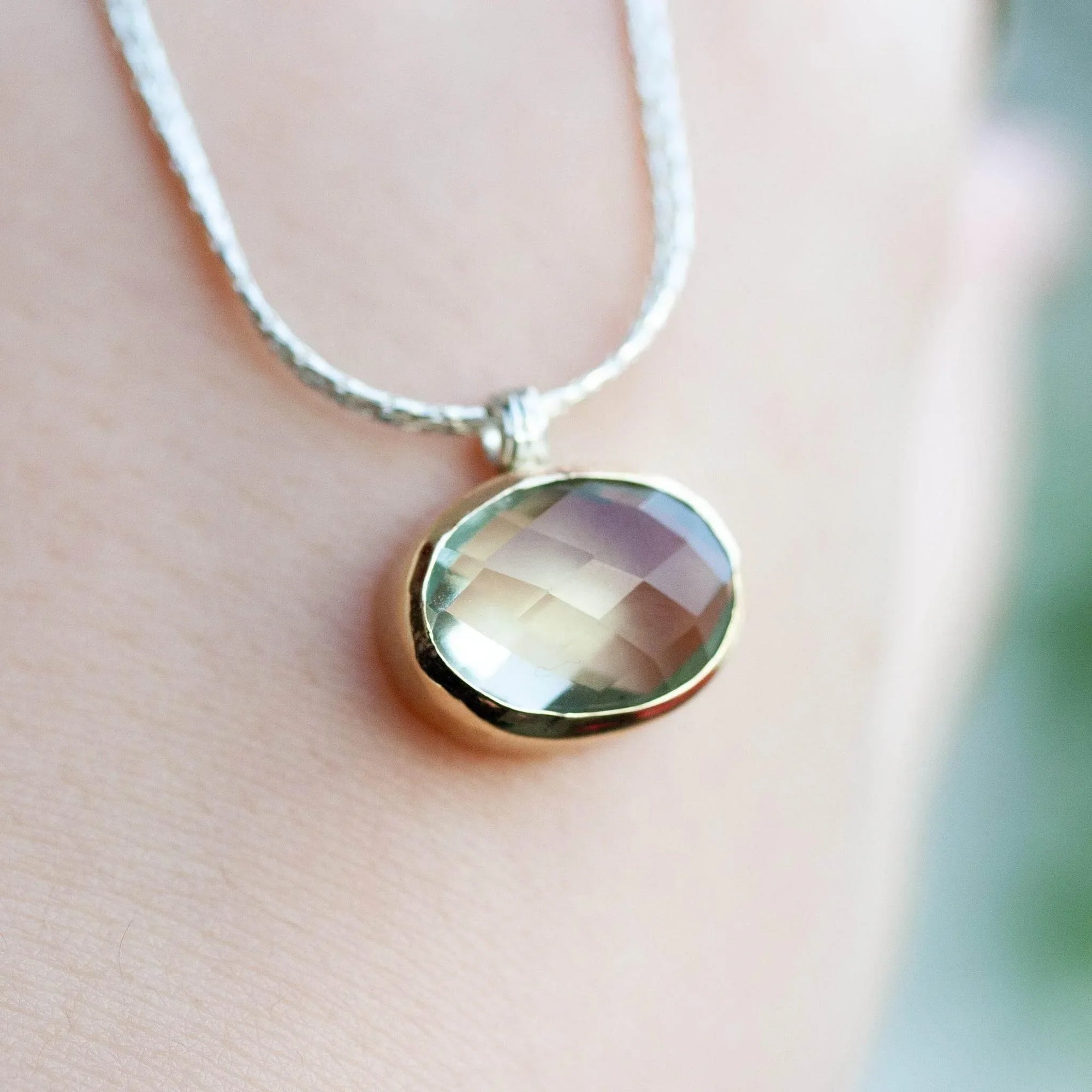 Silver & Rolled Gold Green Amethyst Pendant Necklace - Jordans Jewellers