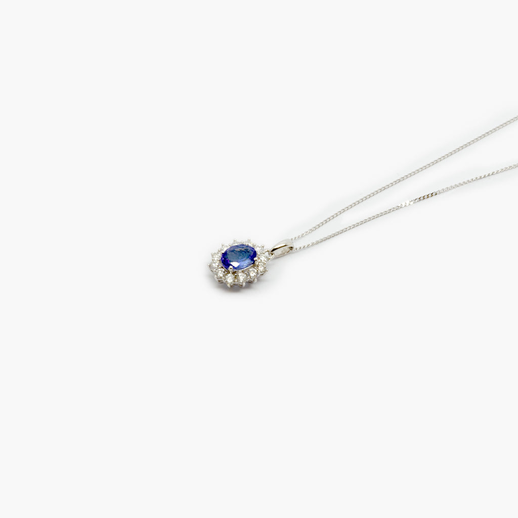 Jordans Jewellers 18ct white gold pre-owned tanzanite and diamond cluster pendant necklace