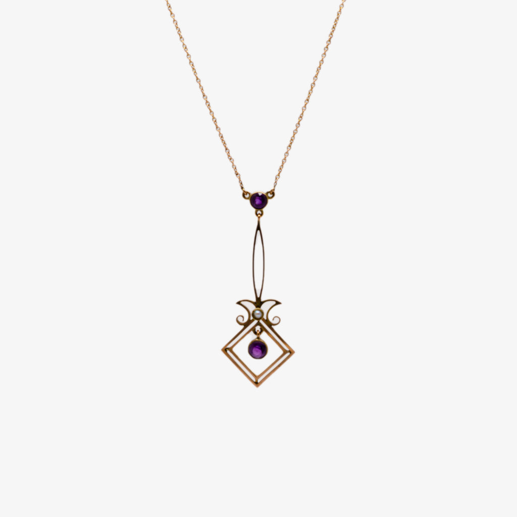 Jordans Jewellers 9ct gold antique amethyst and pearl lavalier drop necklace 
