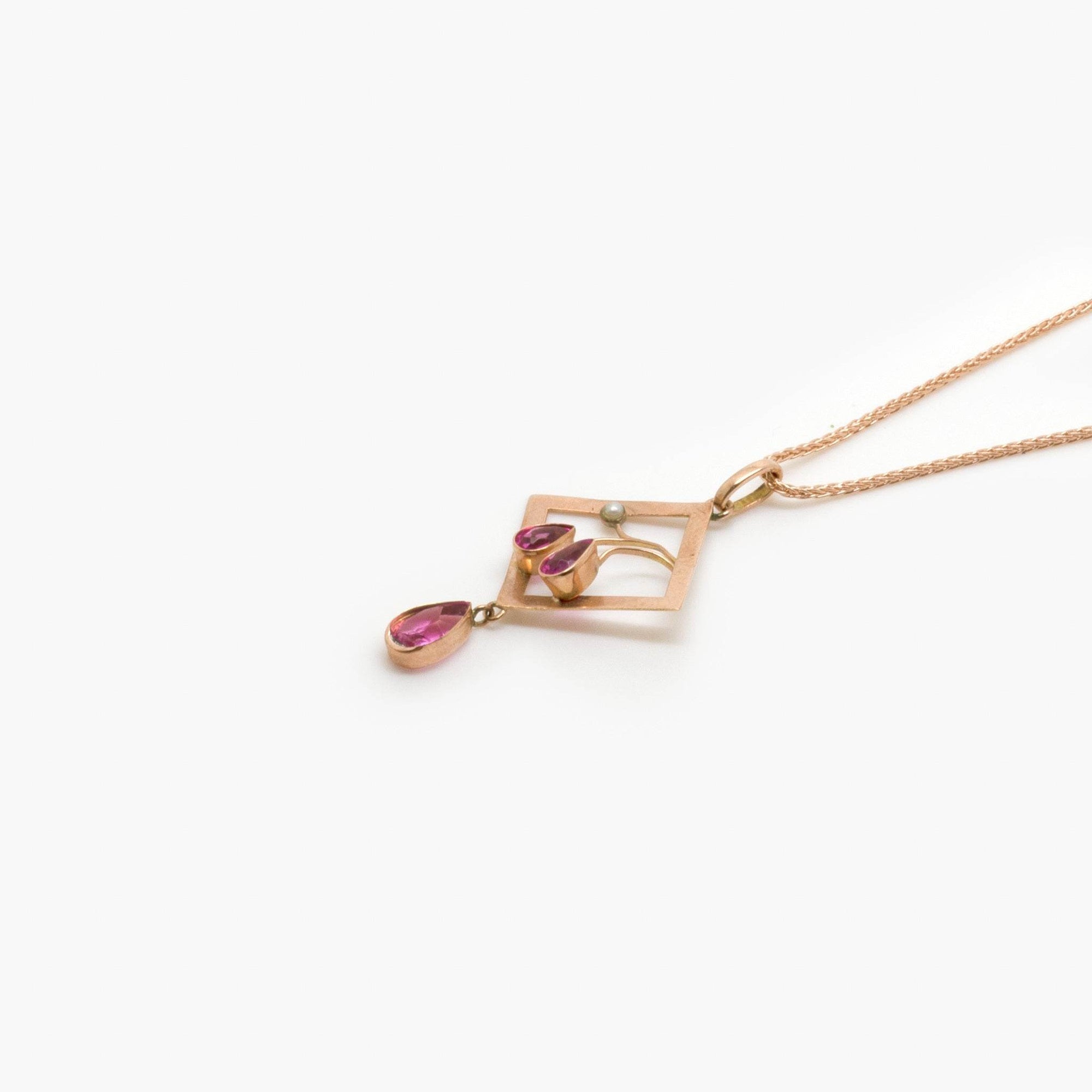 Antique 9 Carat Rose Gold & Pink Paste Pendant Necklace - Jordans Jewellers