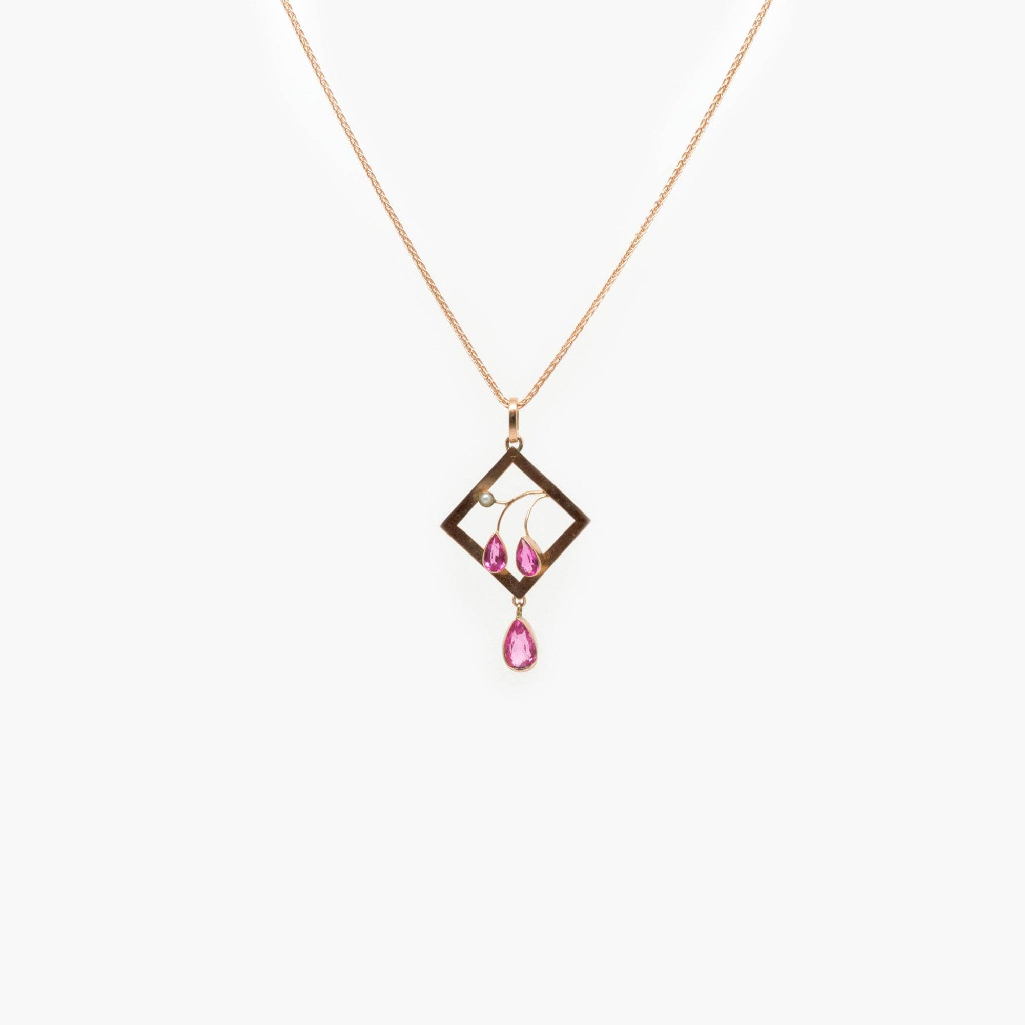 Antique 9 Carat Rose Gold & Pink Paste Pendant Necklace - Jordans Jewellers