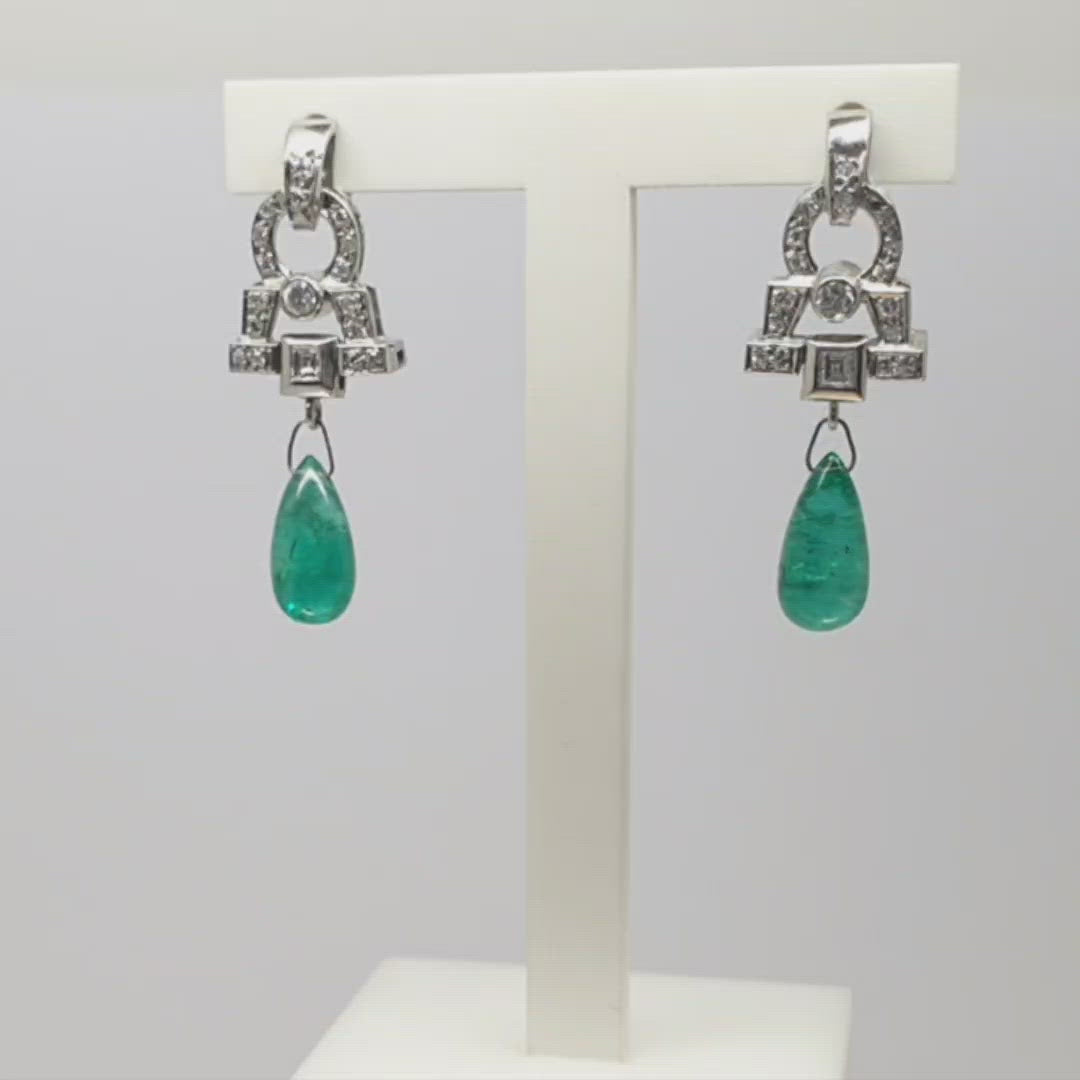 Jordans Jewellers 18ct white gold Art Deco, antique emerald and diamond drop earrings - Alternate shot 1 - Video 1