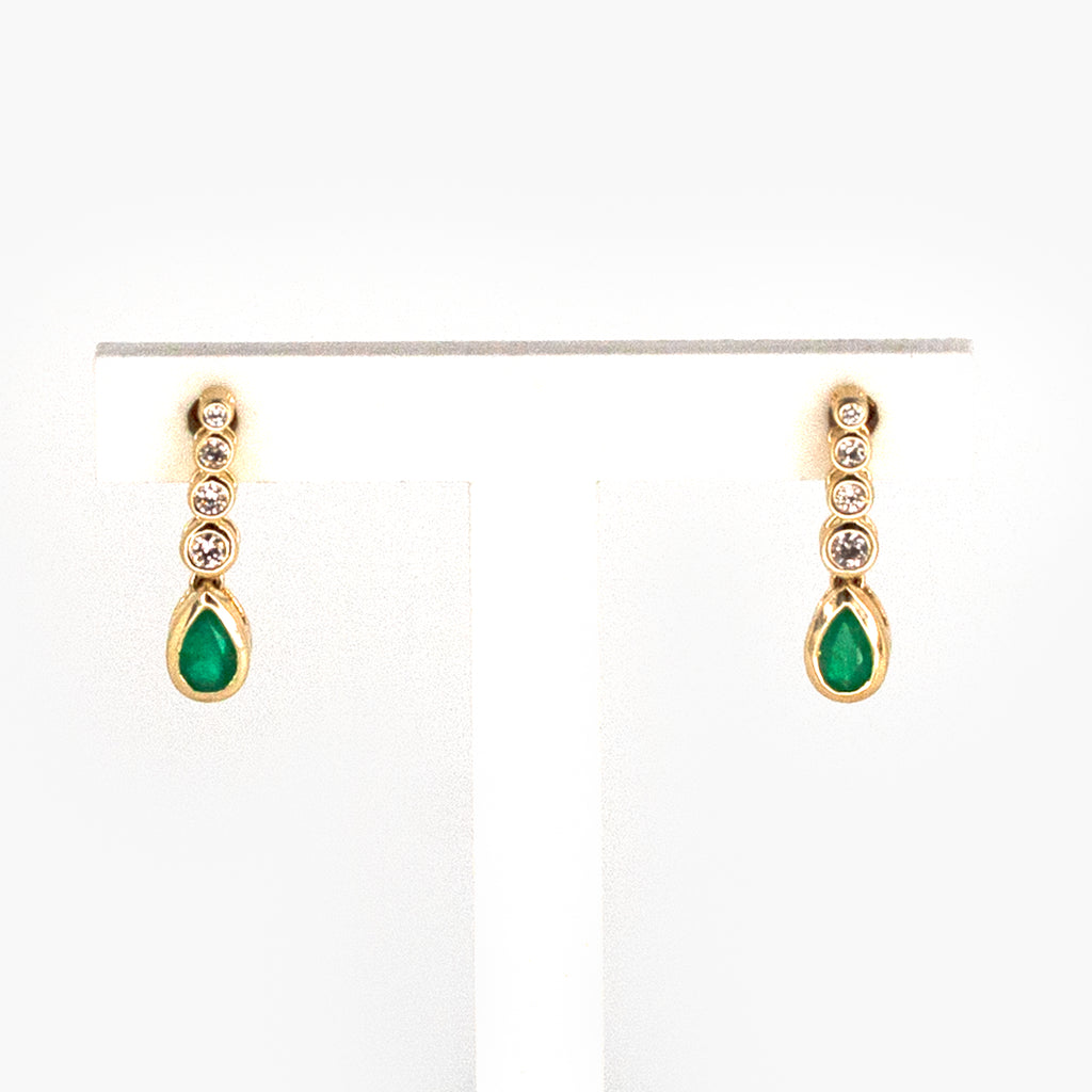 Pear Shaped Emerald & Four Diamond Drop Earrings