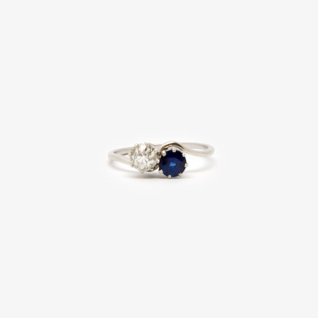 Jordans Jewellers 18ct white gold antique diamond and sapphire crossover ring
