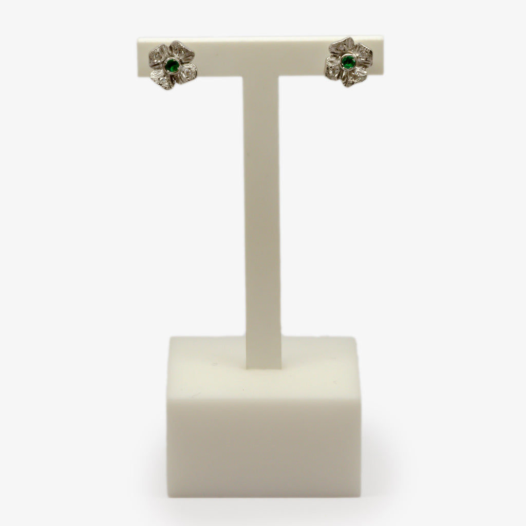 Jordans Jeweller 14ct white gold Italian emerald and diamond flower stud earrings