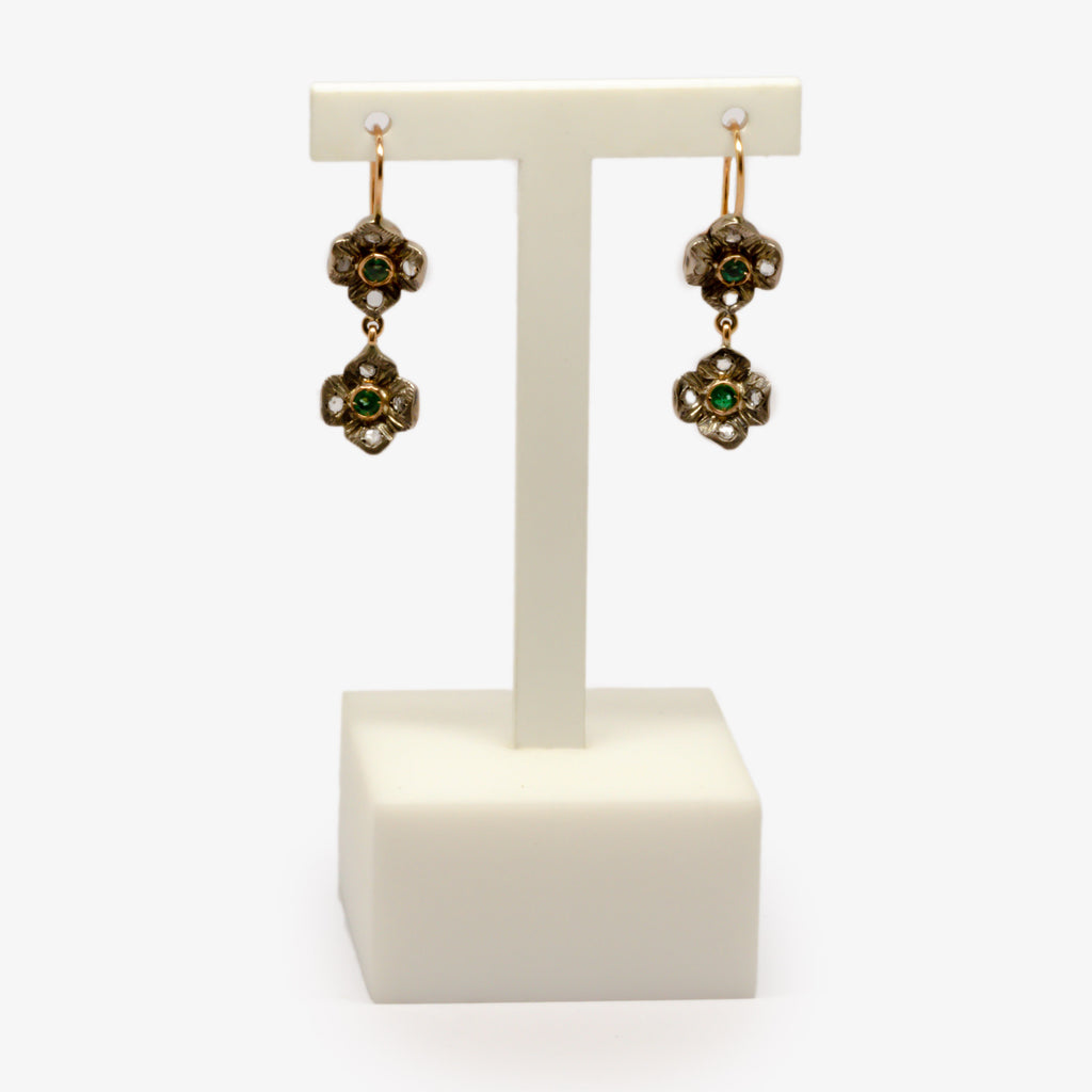 Jordans Jewellers 9ct gold Italian emerald flower double drop earrings 