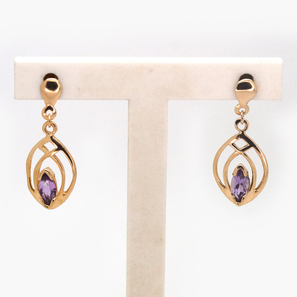 9 Carat Yellow Gold Marquise Amethyst Drop Earrings