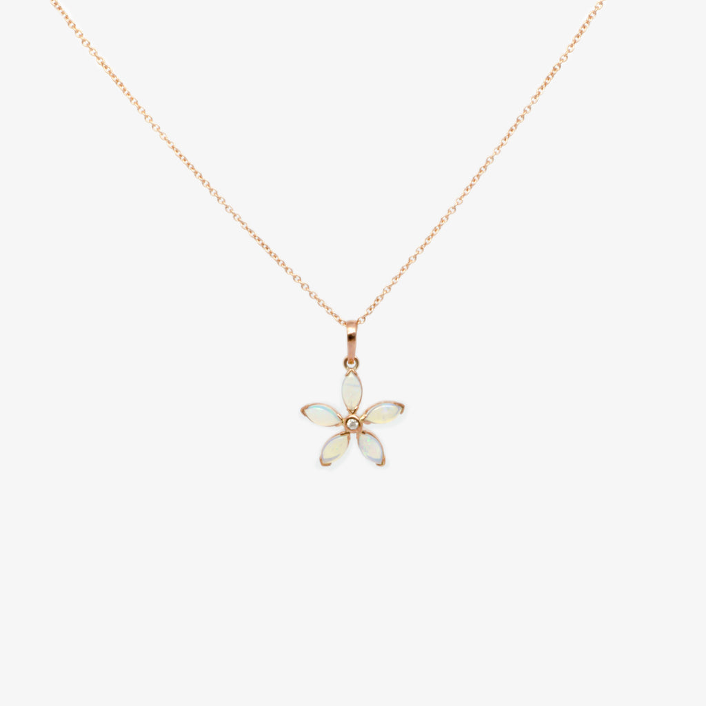 Jordans Jewellers 9ct rose gold opal and diamond flower pendant necklace