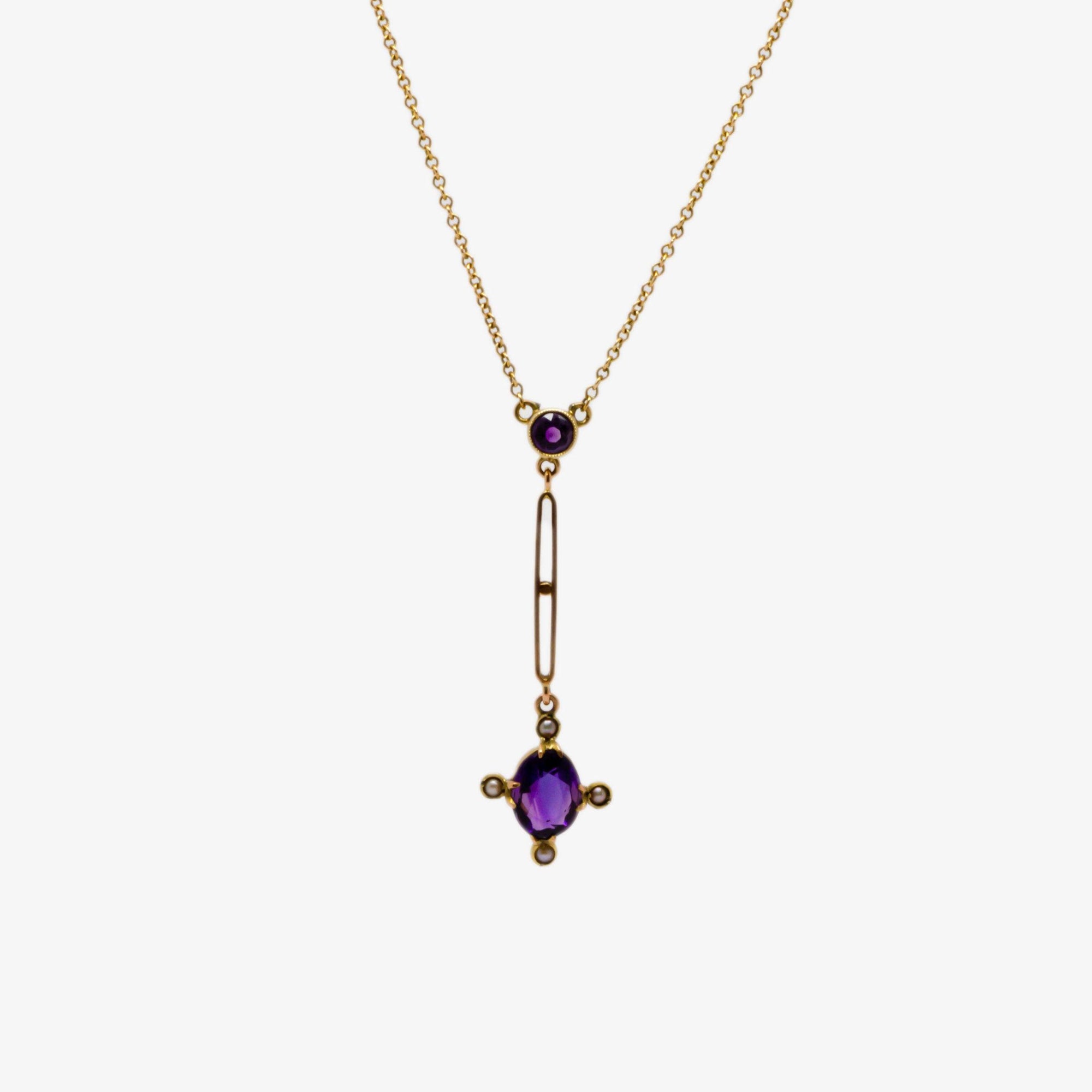 Antique Amethyst & Pearl Lavalier Pendant Necklace - Jordans Jewellers
