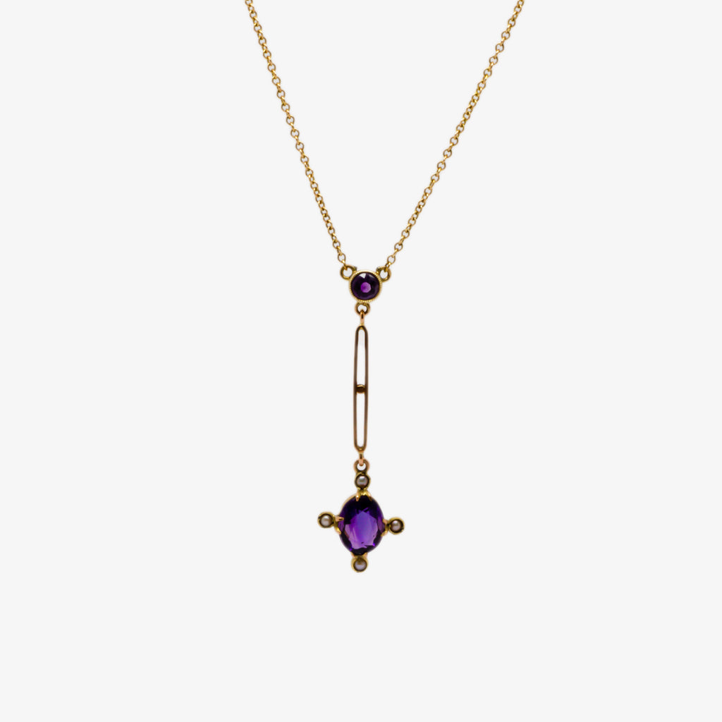 Jordans Jeweller antique 9ct yellow gold amethyst and pearl lavalier pendant necklace