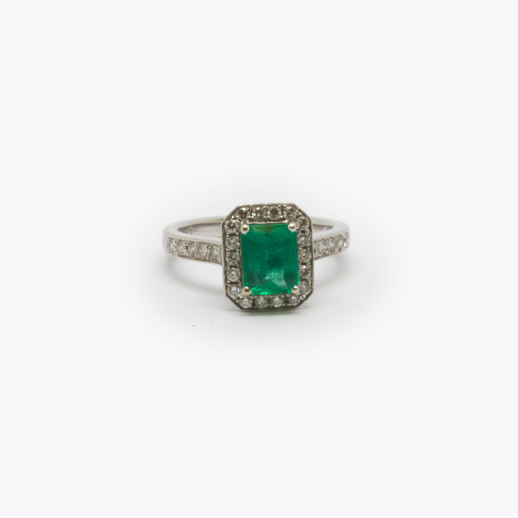 Jordans Jewellers 18ct white gold pre-owned emerald and diamond ring
